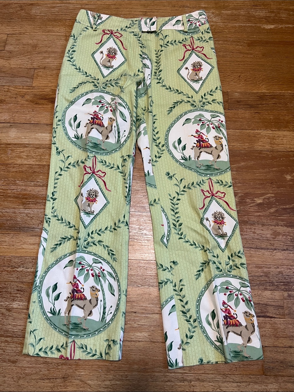 Molly B Vintage Novelty Print Pants Monkey Camel Green Lion size 4